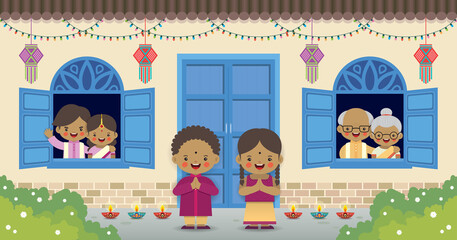 Diwali or deepavali - festival of lights greeting card. Cartoon Indian family with kandil (india lantern) & diya (oil lamp) in flat vector illustration. 