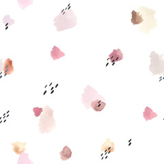 pattern minimalistic with watercolor stains, black strokes, childrens watercolor illustration on white background, kids room decor, print