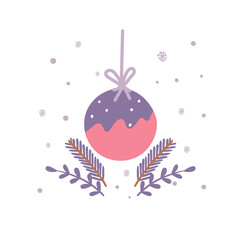 Christmas fir tree branches with purple ball decoration isolated on white background. Christmas decorations card, vector illustration