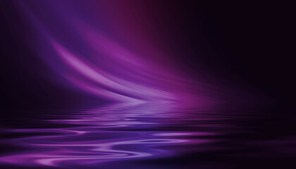 Abstract dark futuristic background. Purple neon beams bounce off the water. Background of empty stage show, beach party. 3d illustration