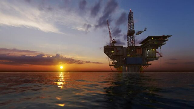 Helicopter flying from oil rig platform towards beautiful sunset, 4K
