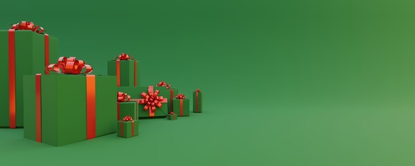 gree background panoramic view with green red gifts, copy space, many gifts collected from the side, christmas gift card