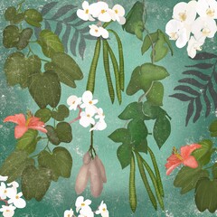 illustration with flowers in a blue background.
