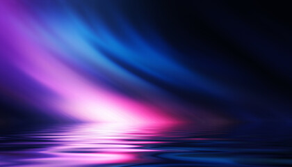 Abstract dark futuristic background. Ultraviolet multicolored beams of neon light reflect off the water. Background of empty stage show, beach party. 3d illustration