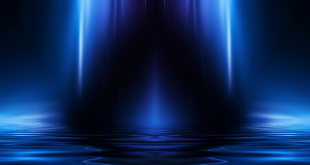 Fototapeta premium Abstract dark futuristic background. Blue rays of neon light reflect off the water. Background of empty stage show, beach party. 3d illustration
