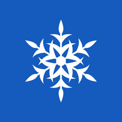 Snowflake icon, white snowflake on blue background, vector isolated symbol.