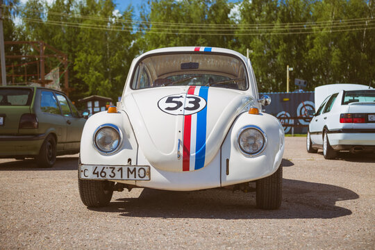 Moscow, Russia: July 06, 2019: Restored beetle stylized number 53. Parked on the street on a clear sunny day. Front view