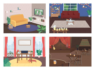 House interior flat color vector illustration set. Party in living room. Freelancer office. Live concert. Watch TV. Home and cafe 2D cartoon interior with furniture on background collection