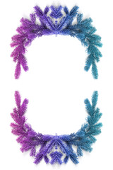 beautiful frame of fir branches painted in a rainbow gradient. christmas concept, flat lay, copy space