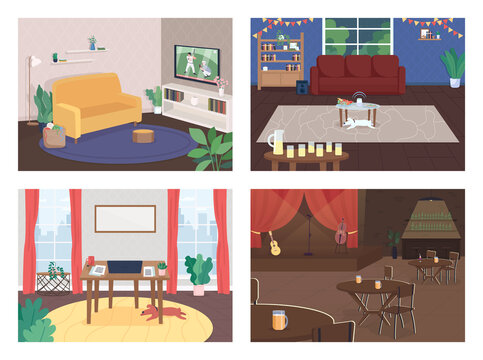 House Interior Flat Color Vector Illustration Set. Party In Living Room. Freelancer Office. Live Concert. Watch TV. Home And Cafe 2D Cartoon Interior With Furniture On Background Collection