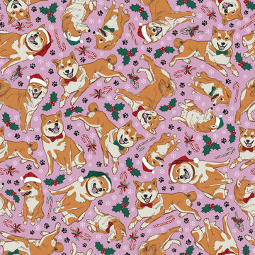 Vector pink shiba inu Christmas dogs multidirection seamless pattern with santa hats, holly and candy canes. Perfect for fabric, scrapbooking and wallpaper projects.