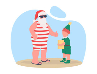 Summer Santa Claus with elf flat color vector faceless characters. Festive season humor. Christmas time preparation isolated cartoon illustration for web graphic design and animation