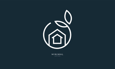 A line art icon logo of a house/home with a leaf circle