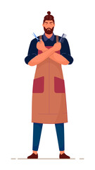 Barber in uniform holding tools standing on white background