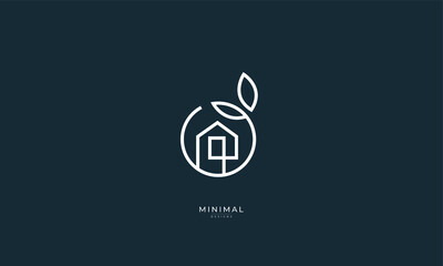 A line art icon logo of a house/home with a leaf circle