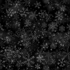 Naklejka na ściany i meble Christmas seamless pattern of snowflakes of different shapes, sizes and transparency, on black background