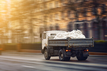Truck loaded with snow rushes on road. Charged dump truck take out fresh snow from snowy city streets in winter. Utility vehicle cleans street, snow disposal. Truck removal of snow, cleaning work © Tricky Shark