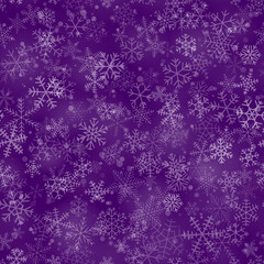 Fototapeta na wymiar Christmas seamless pattern of snowflakes of different shapes, sizes and transparency, on purple background