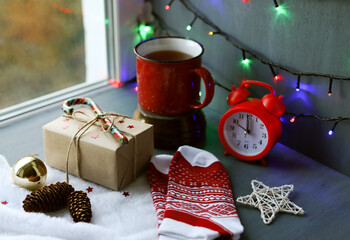 Christmas and new year's composition. Decorated gift box in a festive Christmas setting.