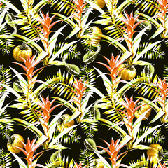 Guzmania with pumpkins and leaves seamless pattern.