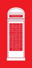 English alphabet for teaching children. London phone booth. Red cabin, English telephone Street box. For the interior of an English class.