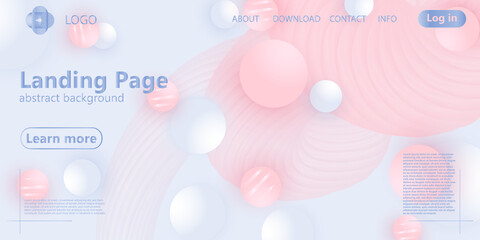 Landing page. Fluid shapes. Pink and white colors.