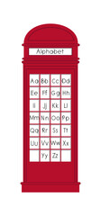 English alphabet for teaching children. London phone booth. Red cabin, English telephone Street box. For the interior of an English class. Flat vector illustration