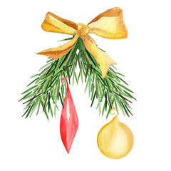 Watercolor christmas pine twig. For decoration of postcards, design works, design of fabrics and textiles, souvenirs, packaging design, invitation, wrapping.