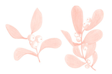 Watercolor pink christmas mistletoe. For decoration of gift wrapping, design works, postcards, design of fabrics and textiles, invitation, wrapping, paper.