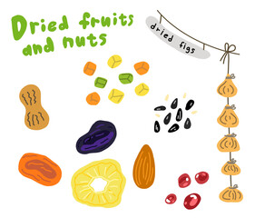 Dried fruits and nuts sketch. Prunes dried apricots and pineapple. Hand drawn. Vector cartoon illustration. Street market.