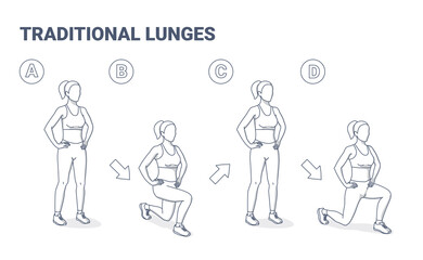 Lunges Female Home Workout Exercise Black and White Guide Illustration.