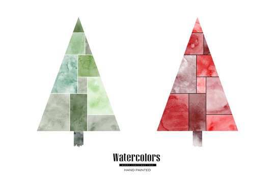 Set of Christmas trees beautiful watercolor hand painted minimal style