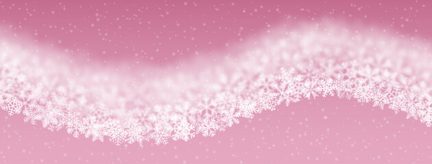 Christmas background of snowflakes of different shape, blur and transparency, wave shaped, on pink background