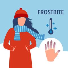 Woman suffering from frostbite. Female with frozen hands in winter standing on snow in flat design.  Healthcare concept.