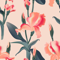 Seamless pattern floral background. Irises leaves, bloom vector repetiotoin texture. Interior wallpaper graphics. Modern botanical illustration