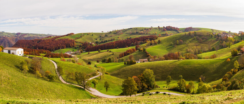Autumnal panoramic view of alpine pastures in Lessinia Verona Italy