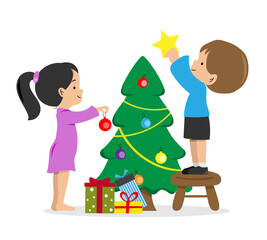 Two children decorating the Christmas tree. Isolated vector