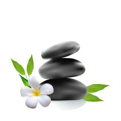 Fototapeta na wymiar Spa zen stones and plumeria flower on a white isolated background. Vector illustration.
