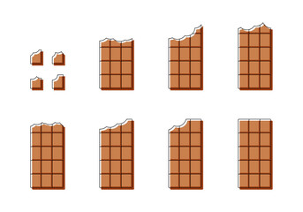 Bitten milk chocolate bar, color icons set. Thin linear with brown fill moved beyond outline. Flat simple illustration of different types of bite. Contour isolated vector pictogram on white background