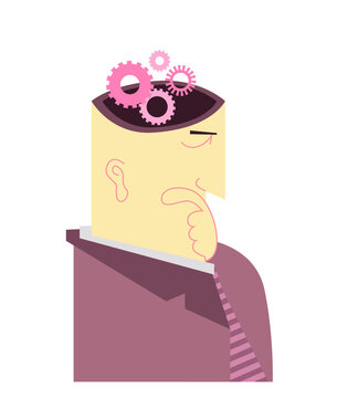 Flat Vector Illustration Of A Man Thinking With Some Gears Coming Out Of His Head