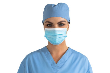 Portrait of female doctor wearing face mask against white background