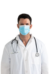 Portrait of male doctor wearing face mask against white background