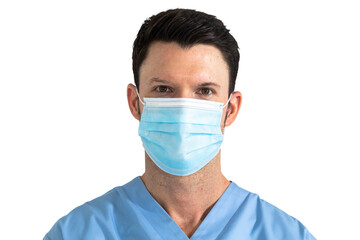 Portrait of male doctor wearing face mask against white background