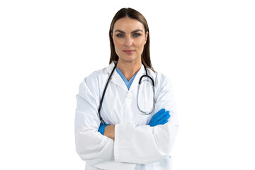 Portrait of female doctor with arms crossed against white background