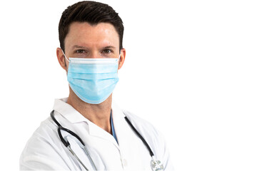 Portrait of male doctor wearing face mask against white background