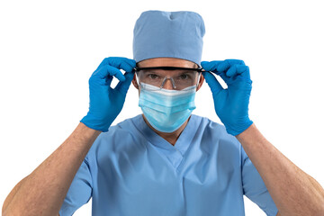 Fototapeta na wymiar Portrait of male surgeon wearing protective glasses against white background