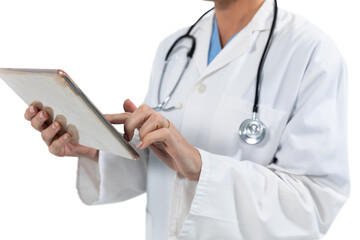 Mid section of female doctor using digital tablet against white background