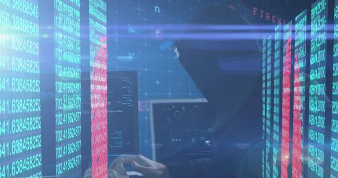 Animation of multiple screens showing blue lines of number over male hacker