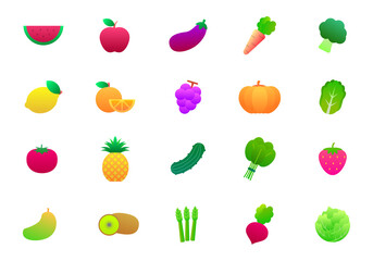 Set of fruit and vegetable vector illustration isolated on white background. Fruits and vegetables gradients icon collection 
