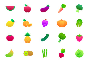 Obraz premium Set of fruit and vegetable vector illustration isolated on white background. Fruits and vegetables gradients icon collection 
